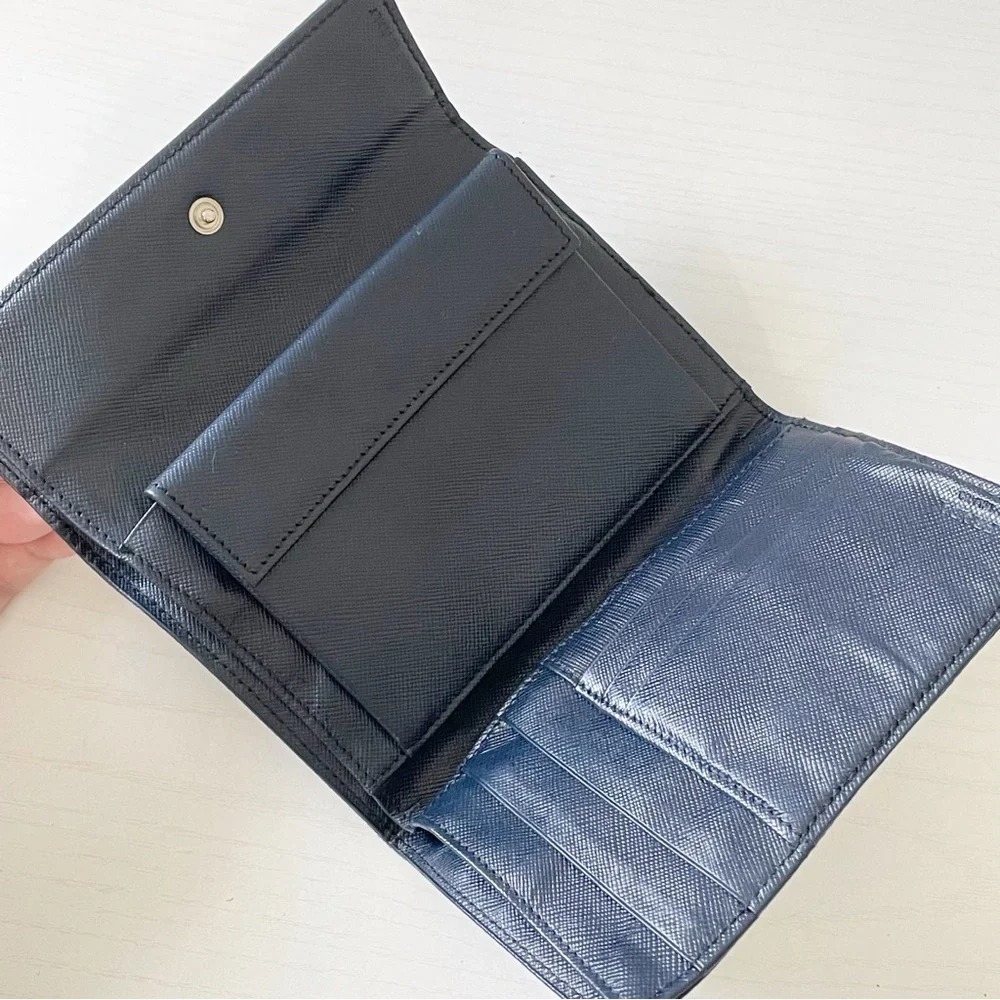 Prada navy blue Tessuto nylon triangle logo trifold medium snap wallet